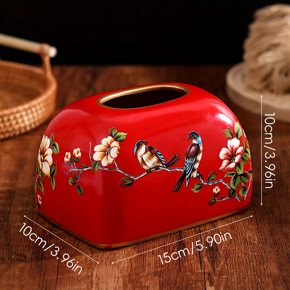 [Elegant Tissue Box] Elegant 1pc Ceramic Tissue Box Holder | Flowers and Birds Design with Golden Accents, Durable Home Office Decor for Living Room, Dining Table - Perfect Thanksgiving Gift for Friends, Classic Design, Detailed Craftsmanship, Smooth