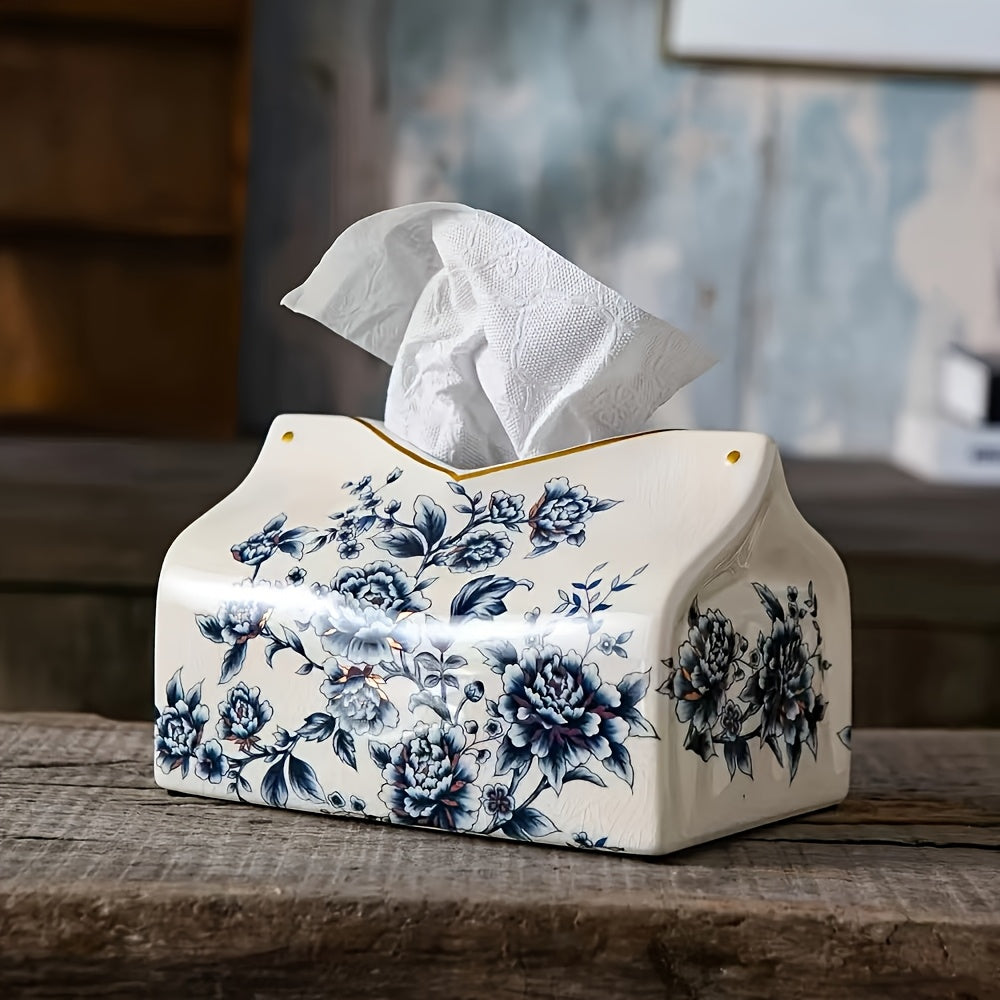 1pc Vintage American-European Style Ceramic Tissue Box Holder with Golden Accents - Floral & Butterfly Design Decorative Home Accent for Living Room, Coffee or Dining Table Decor - Mother’s Day Gift, Intricate Craftsmanship, Elegant Ornament, Premium