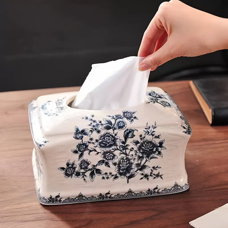 [Christmas Ceramic Box] Blue and White Crackled Ceramic Tissue Box | New Chinese Style for Living Room Coffee Table Home Use Housewarming, Best for Christmas