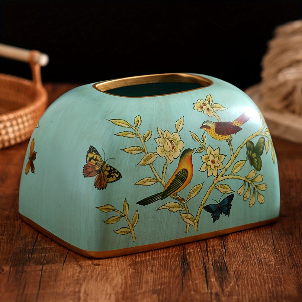 [Elegant Tissue Box] Elegant 1pc Ceramic Tissue Box Holder | Flowers and Birds Design with Golden Accents, Durable Home Office Decor for Living Room, Dining Table - Perfect Thanksgiving Gift for Friends, Classic Design, Detailed Craftsmanship, Smooth