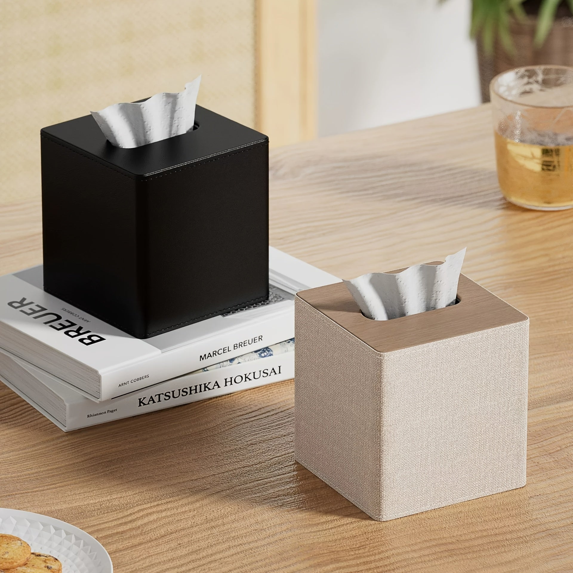 [Luxury Tissue Box Holder] Luxury Square 1pc Tissue Box Holder | Premium PVC Faux Leather, Sleek Black & Beige Design for Home, Office, Hotel, and Car Use, Tissue Box Dispenser | Modern Decor Accessory | Sleek Glossy Appearance