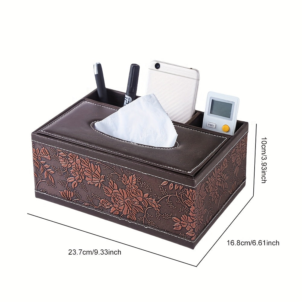 1pc Vintage Brown Grape Tree Pattern Leather Tissue Box Cover, Rectangular Multifunctional Desk Organizer for Living Room, Office, Bedroom - Elegant Floral Design, Living Room Decor | Decorative Leatherette | Stitched Leatherwor