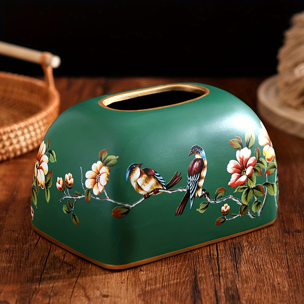 [Elegant Tissue Box] Elegant 1pc Ceramic Tissue Box Holder | Flowers and Birds Design with Golden Accents, Durable Home Office Decor for Living Room, Dining Table - Perfect Thanksgiving Gift for Friends, Classic Design, Detailed Craftsmanship, Smooth