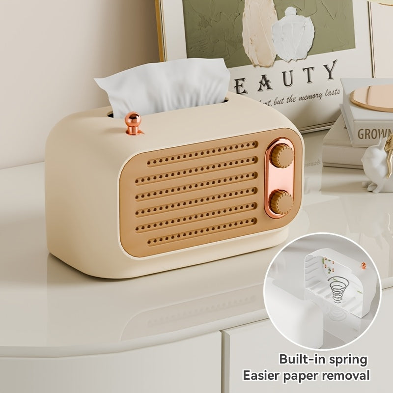 Spring-Loaded Desktop Tissue Box Holder, Square Plastic Tissue Storage for Bedroom and Living Room