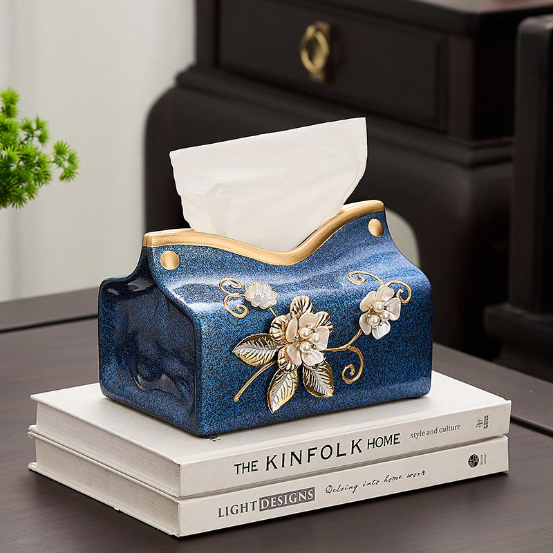 New Chinese Style Ceramic Tissue Box Holder - Blue & Golden Floral Design, 2-in-1 Storage for Tissues & Small Items, Elegant Home Decor for Living Room, Dining Room, Entryway