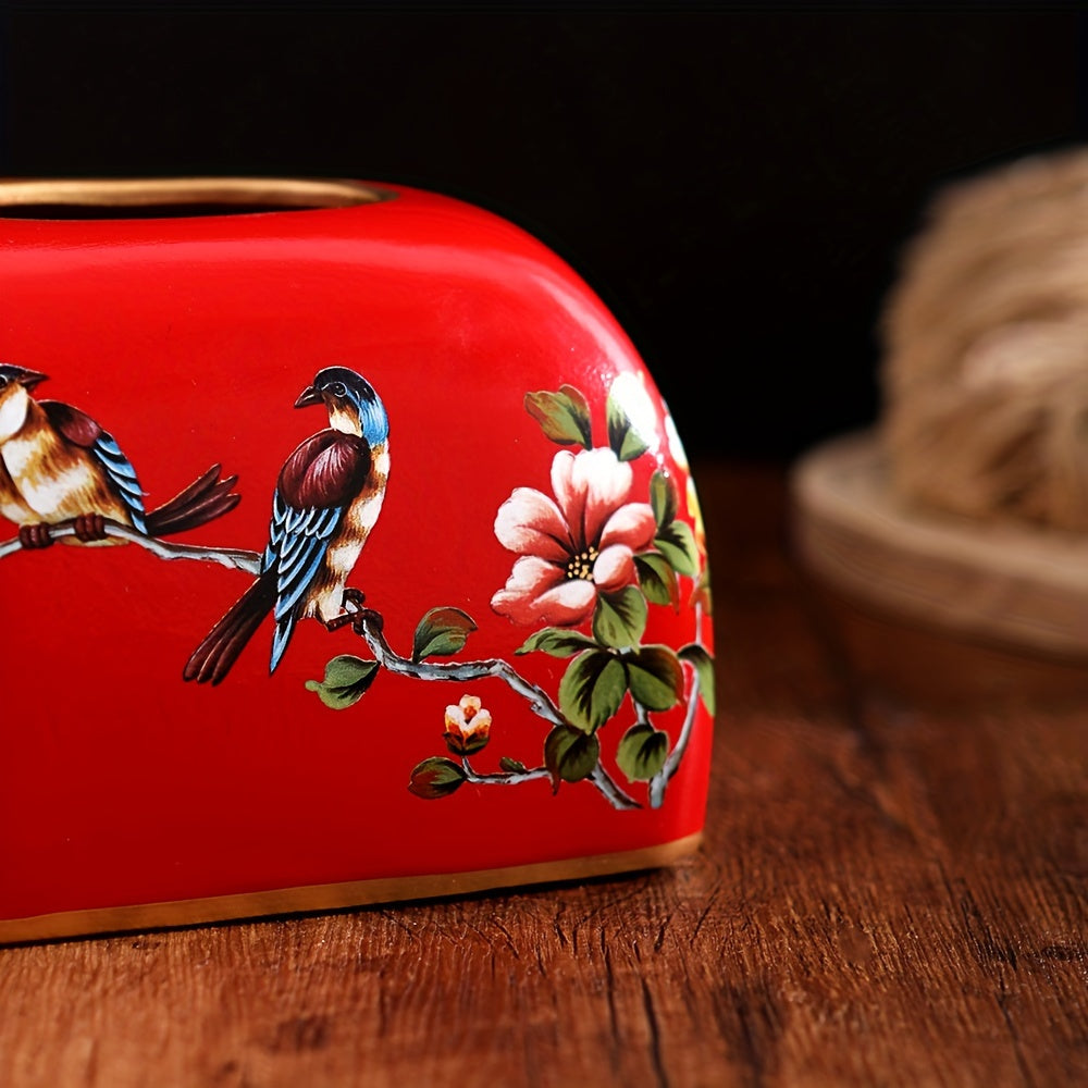 [Elegant Tissue Box] Elegant 1pc Ceramic Tissue Box Holder | Flowers and Birds Design with Golden Accents, Durable Home Office Decor for Living Room, Dining Table - Perfect Thanksgiving Gift for Friends, Classic Design, Detailed Craftsmanship, Smooth