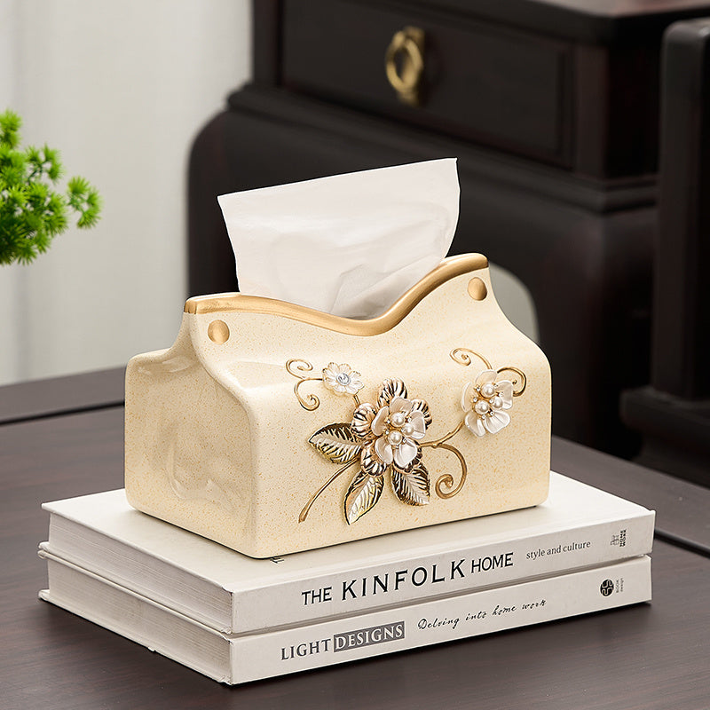New Chinese Style Ceramic Tissue Box Holder - Blue & Golden Floral Design, 2-in-1 Storage for Tissues & Small Items, Elegant Home Decor for Living Room, Dining Room, Entryway