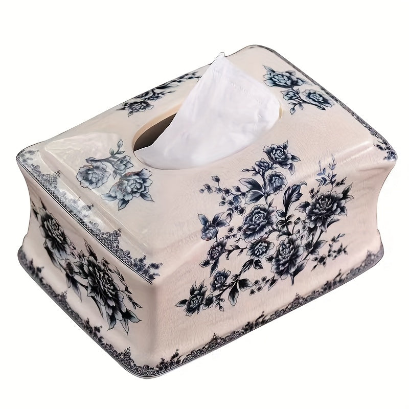 [Christmas Ceramic Box] Blue and White Crackled Ceramic Tissue Box | New Chinese Style for Living Room Coffee Table Home Use Housewarming, Best for Christmas
