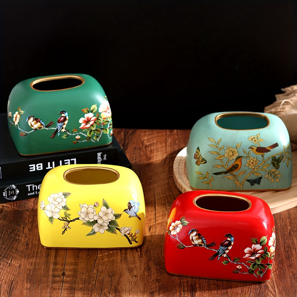 [Elegant Tissue Box] Elegant 1pc Ceramic Tissue Box Holder | Flowers and Birds Design with Golden Accents, Durable Home Office Decor for Living Room, Dining Table - Perfect Thanksgiving Gift for Friends, Classic Design, Detailed Craftsmanship, Smooth