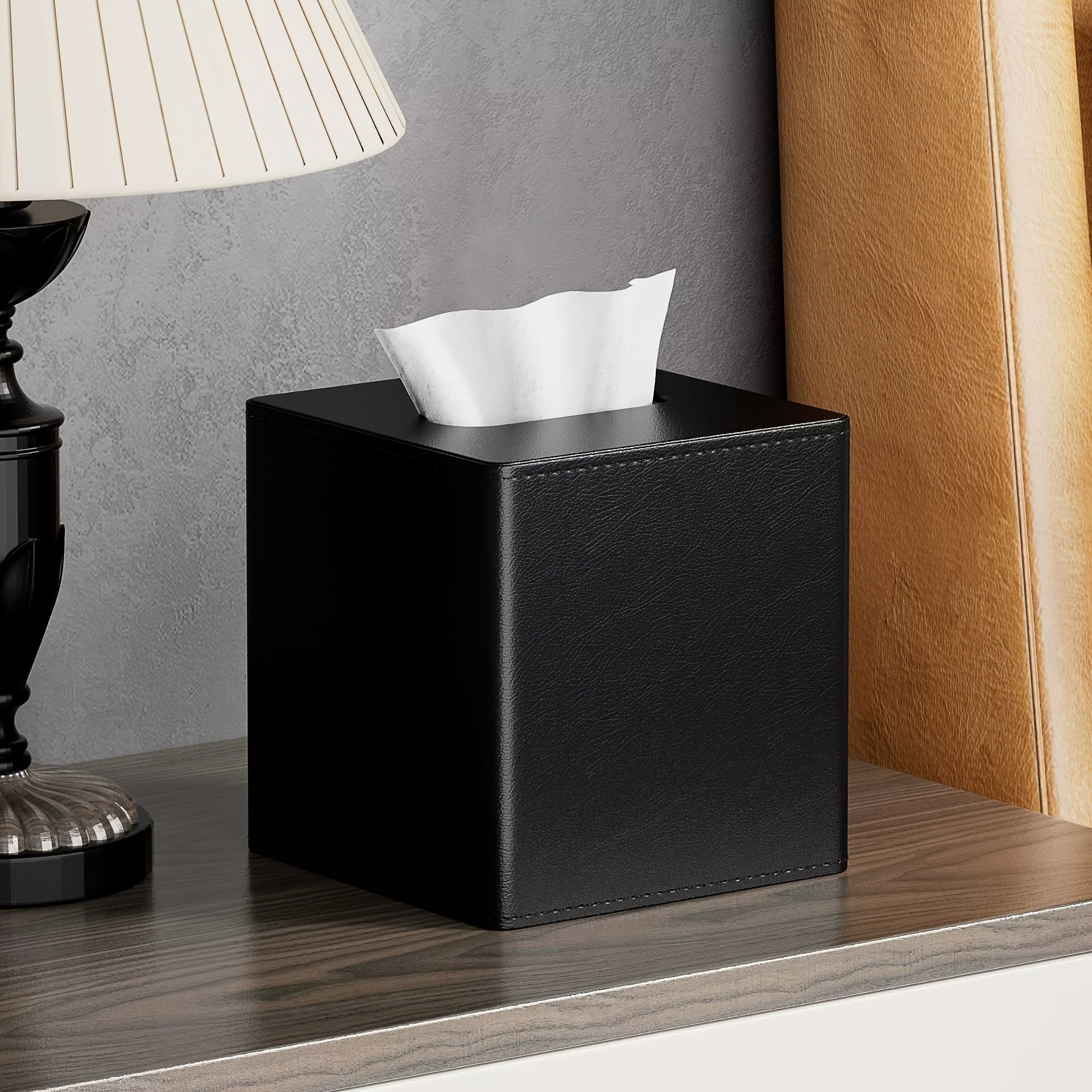 [Luxury Tissue Box Holder] Luxury Square 1pc Tissue Box Holder | Premium PVC Faux Leather, Sleek Black & Beige Design for Home, Office, Hotel, and Car Use, Tissue Box Dispenser | Modern Decor Accessory | Sleek Glossy Appearance