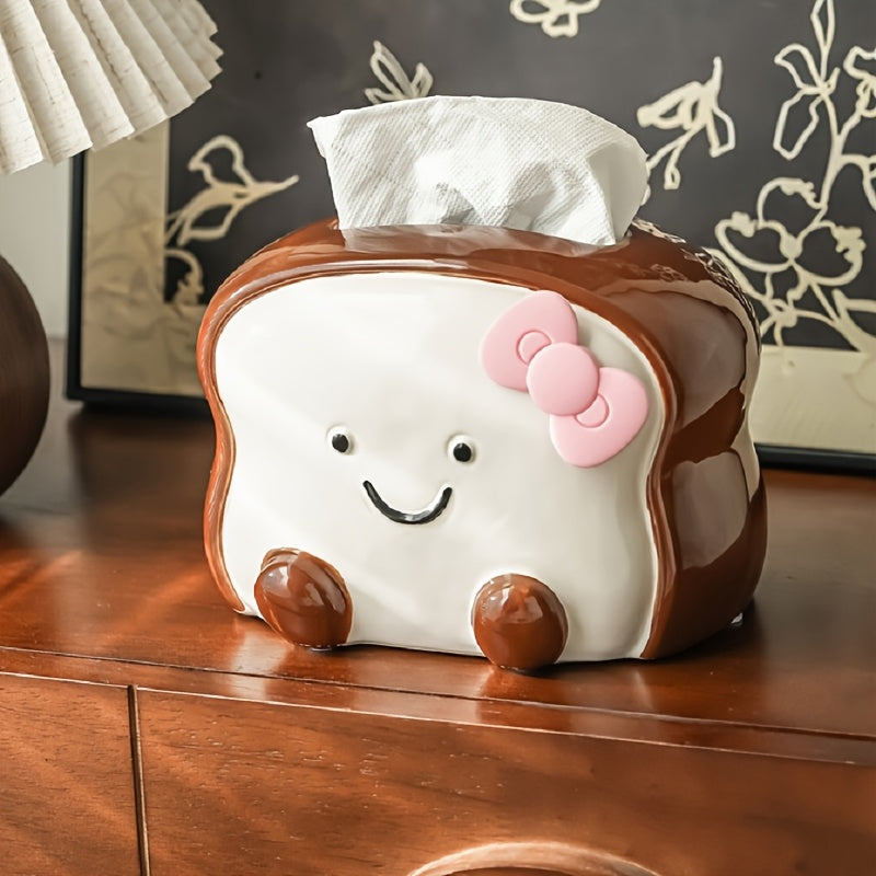 Visually Appealing Toast-Shaped Ceramic Tissue Box Holder – Smiling Bread Design with Pink Flower Detail, White & Brown Accents, Perfect for Living Room, Bedroom, or Kitchen Decor