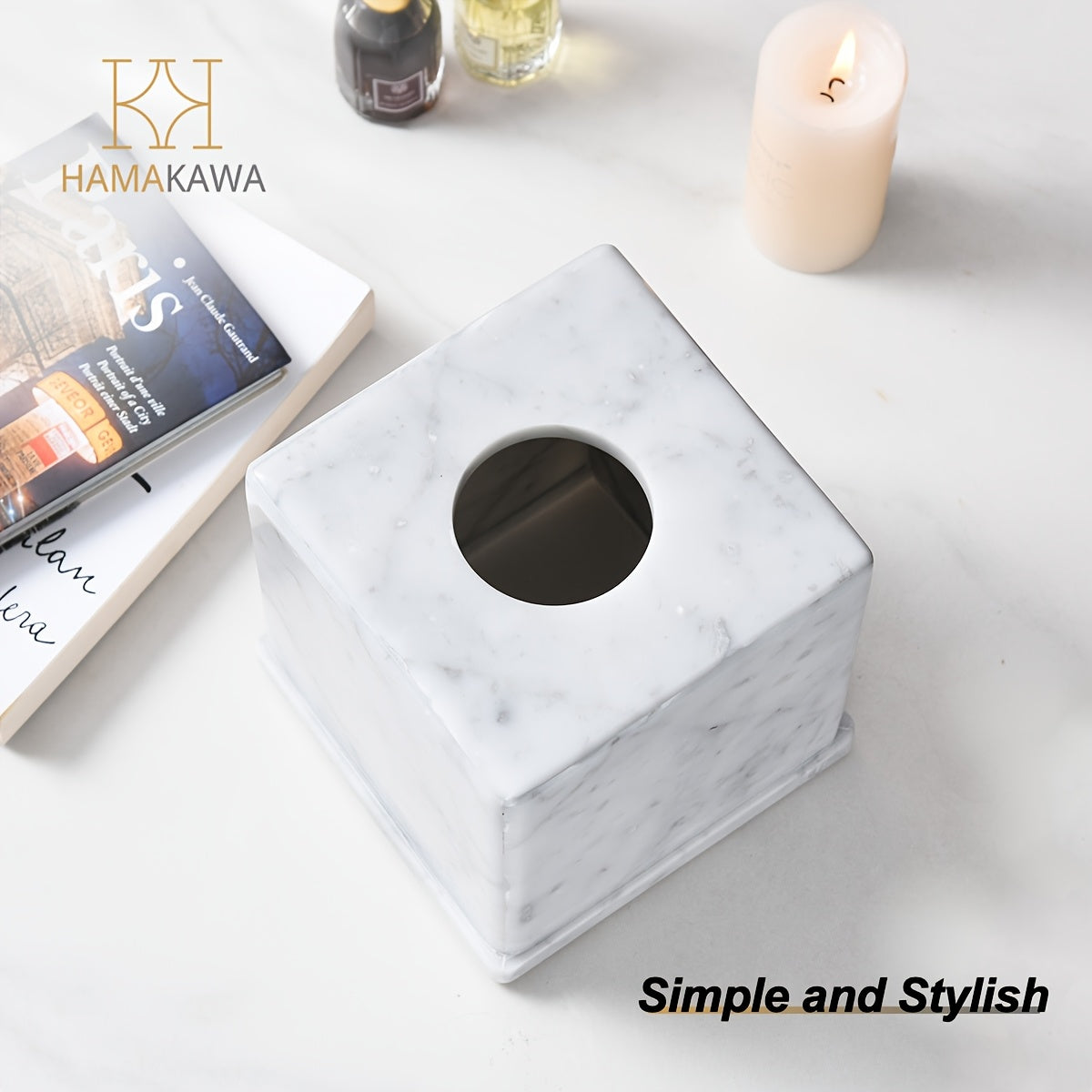 1pc Carrara White Marble Tissue Box Cover, Vintage Design Facial Napkin Dispenser, Sturdy Base With Rubber Feet, For Bathroom, Bedroom, Kitchen Decor, 6 Inch