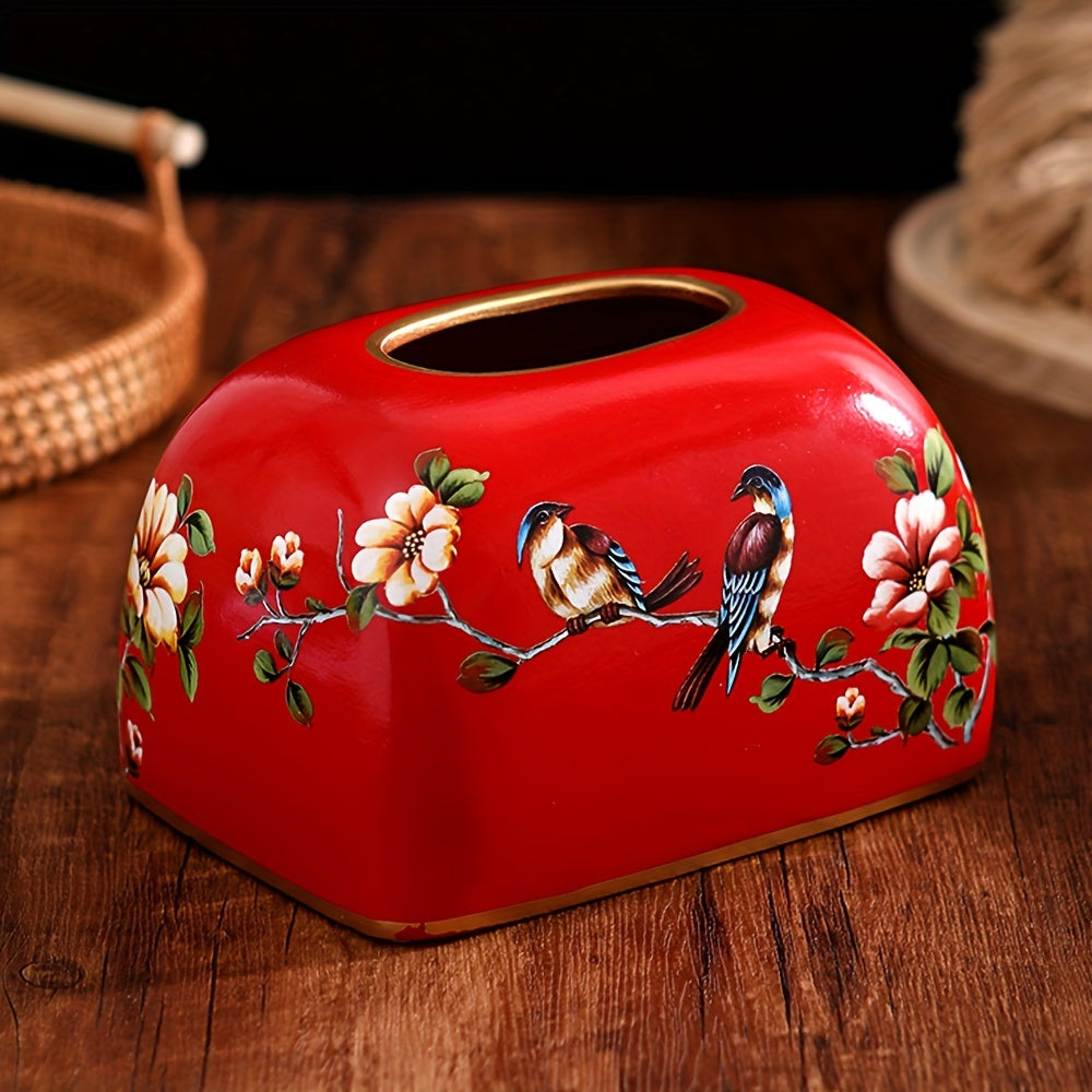 [Elegant Tissue Box] Elegant 1pc Ceramic Tissue Box Holder | Flowers and Birds Design with Golden Accents, Durable Home Office Decor for Living Room, Dining Table - Perfect Thanksgiving Gift for Friends, Classic Design, Detailed Craftsmanship, Smooth