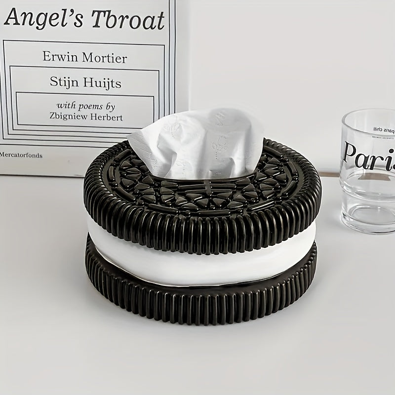 [Cookie-like Tissue Holder] Modern Cookie-like Tissue Box Holder - 1pc Black & White Bathroom/Living Room/Bedroom Decor, Durable Resin, Elegant Home Decoration Storage Organizer, Compatible with Standard Tissues, Playful Novelty Decor, Interior Designers